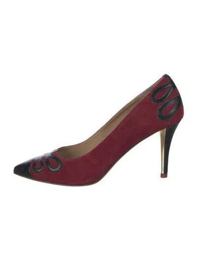 Pre-owned Neiman Marcus Suede Floral Print Pumps In Burgundy
