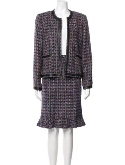 Pre-owned Neiman Marcus Tweed Pattern Leather Trim Embellishment Skirt Suit In Blue