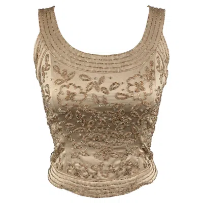 Pre-owned Neiman Marcus Vintage  Size 2 Beige Beaded Satin Shell Top In Brown