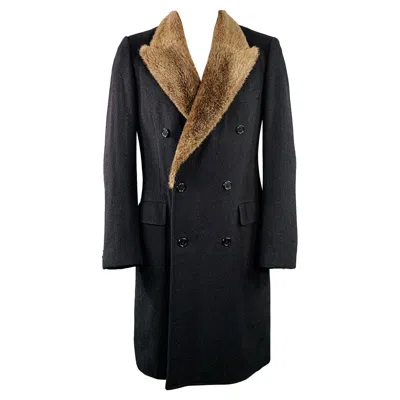 Pre-owned Neiman Marcus Vintage Size L Black Taupe Wool Fur Peak Lapel Double Breasted Coat