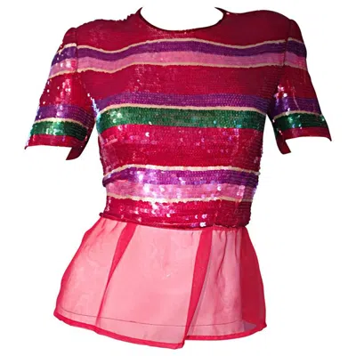 Pre-owned Neiman Marcus Vintage Victor Costa For  Colorful Sequin Chiffon Peplum Crop Top In Red