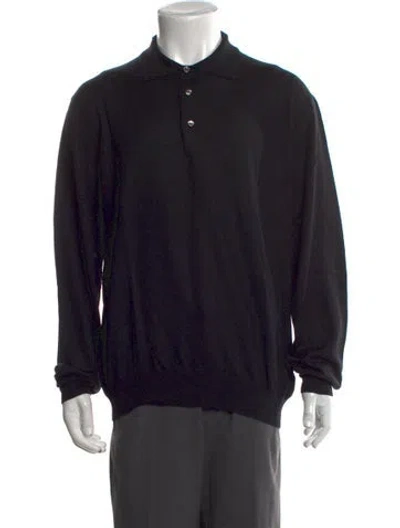 Pre-owned Neiman Marcus Virgin Wool Collar Polo Shirt In Black