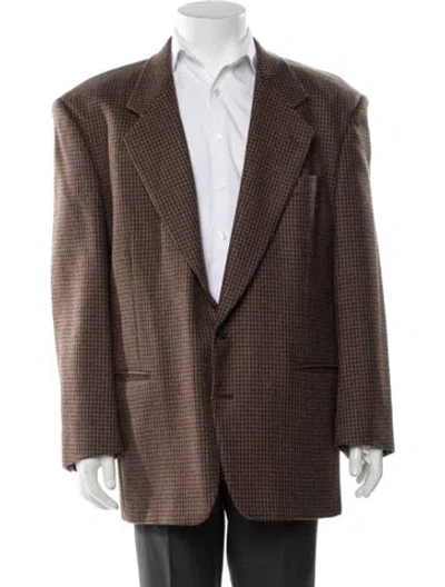 Pre-owned Neiman Marcus Virgin Wool Houndstooth Print Blazer In Brown