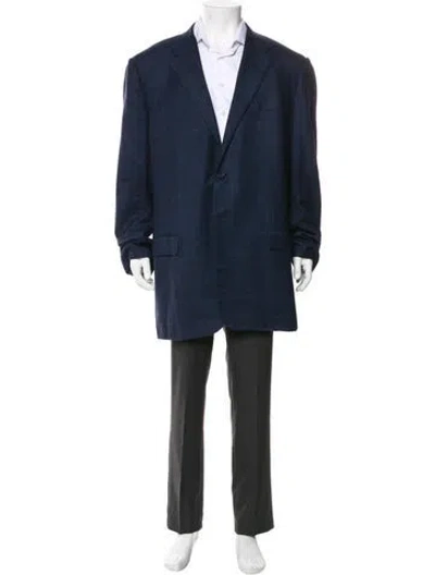 Pre-owned Neiman Marcus Virgin Wool Plaid Print Overcoat In Blue