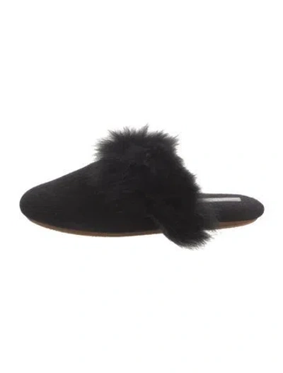 Pre-owned Neiman Marcus Wool Fur Trim Slippers In Black