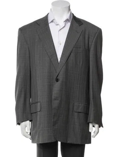 Pre-owned Neiman Marcus Wool Plaid Print Blazer In Gray