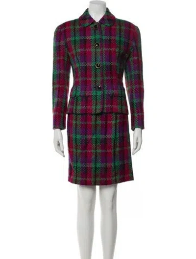 Pre-owned Neiman Marcus Wool Plaid Print Skirt Suit In Multi