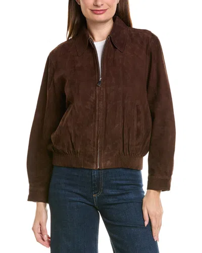 Neiman Marcus Zip Up Collared Suede Jacket In Brown