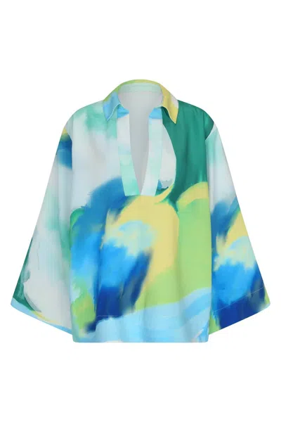 Nelblu Women's Corola Wide Sleeve Shirt In Print Bosco In Blue