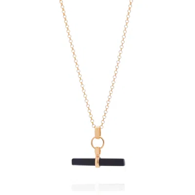Nellou Jewellery Women's Black / Gold Black Onyx T Bar Necklace Gold Plated Sterling Silver In Pattern