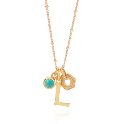 Nellou Jewellery Women's Blue Personalised Hex Initial December Birthstone Necklace Gold Plated Sterling Silver - Tur