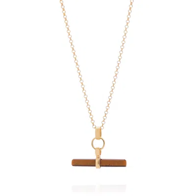 Nellou Jewellery Women's Brown / Gold Tiger Eye T Bar Necklace Gold Plated Sterling Silver In Yellow