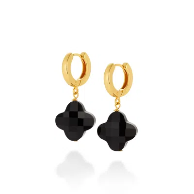 Nellou Jewellery Women's Clover Gem Hoop Earrings Black Agate Gold Plated Sterling Silver