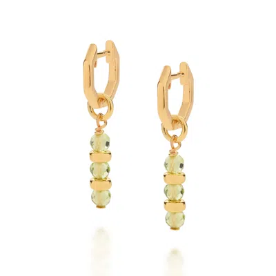 Nellou Jewellery Women's Green / Gold Linear Huggie Birthstone Earrings August Gold Plated Sterling Silver - Peridot In Multi