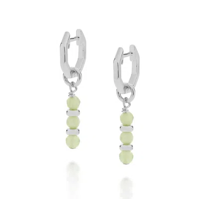 Nellou Jewellery Women's Green / Silver Linear Huggie Birthstone Earrings May Sterling Silver - Chrysoprase
