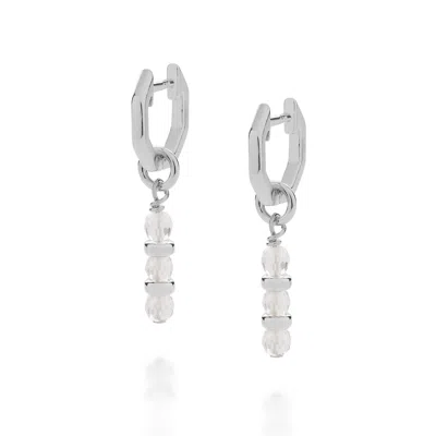 Nellou Jewellery Women's Neutrals / Silver Linear Huggie Birthstone Earrings April Sterling Silver - Crystal