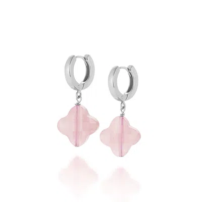 Nellou Jewellery Women's Pink / Purple Clover Gem Hoop Earrings Rose Quartz Sterling Silver