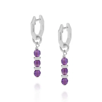 Nellou Jewellery Women's Pink / Purple / Silver Linear Huggie Birthstone Earrings February Sterling Silver - Amethyst
