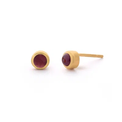 Nellou Jewellery Women's Red Garnet Mini Gem Dot January Birthstone Earrings Gold Plated Sterling Silver