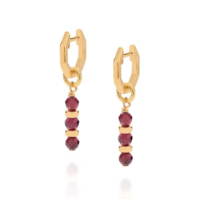 Nellou Jewellery Women's Red / Gold Linear Huggie Birthstone Earrings January Gold Plated Sterling Silver - Garnet In Multi