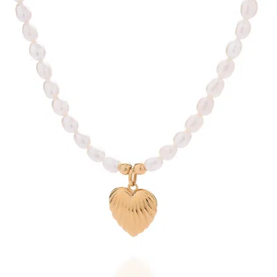 Nellou Jewellery Women's White / Gold Scallop Heart White Pearl Necklace Gold Plated Sterling Silver In Multi