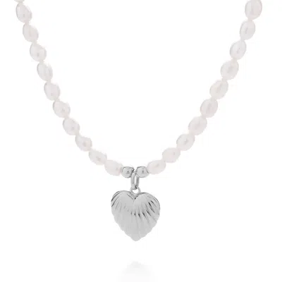 Nellou Jewellery Women's White / Silver Scallop Heart White Pearl Necklace Sterling Silver