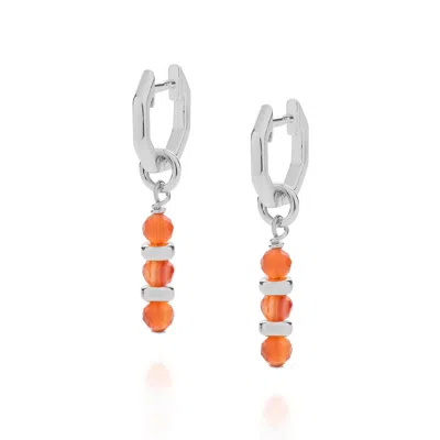 Nellou Jewellery Women's Yellow / Orange / Silver Linear Huggie Birthstone Earrings July Sterling Silver - Carnelian