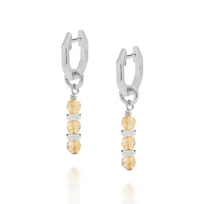 Nellou Jewellery Women's Yellow / Orange / Silver Linear Huggie Birthstone Earrings November Sterling Silver - Citrin