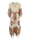 Nema Beige Dress With V-neck And All-over Geometric Motifs In Viscose Blend Woman