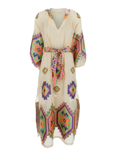 NEMA BEIGE DRESS WITH V-NECK AND ALL-OVER GEOMETRIC MOTIFS