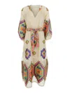 Nema Beige Dress With V-neck And All-over Geometric Motifs In Viscose Blend Woman