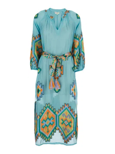 NEMA BLUE DRESS WITH V-NECK AND ALL-OVER GEOMETRIC MOTIFS