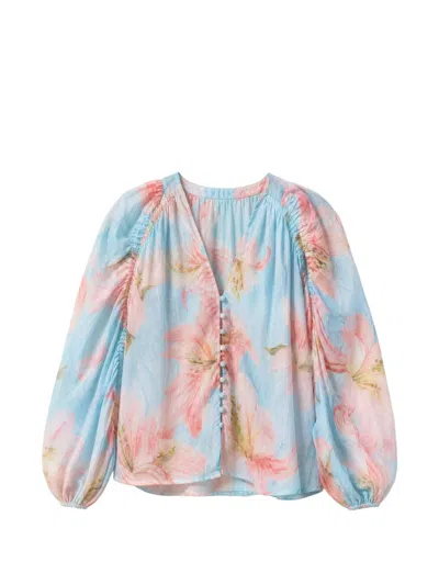 Nema Floral-print Puffed-sleeve Blouse In Blue