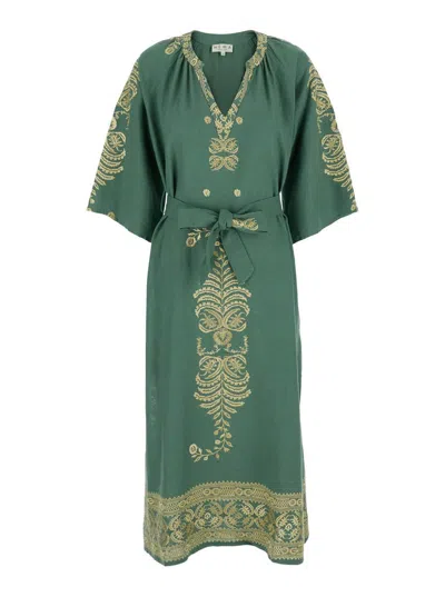 Nema 'maria' Green Dress With V-neck And Tie Belt At The Waist