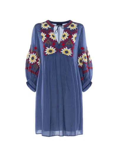Nenette Embroidered Balloon-sleeve Mini Dress In Blue