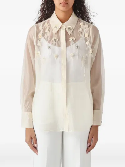Nenette Fringed Floral-embellished Sheer Shirt In Neutrals
