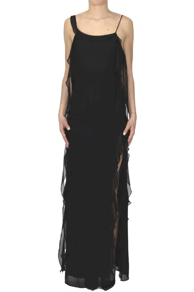 Nenette Ruched Chiffon Long Dress In Black
