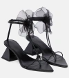Nensi Dojaka Point Toe Soft Leather T-strap Sandals With Flower Applicati In Black
