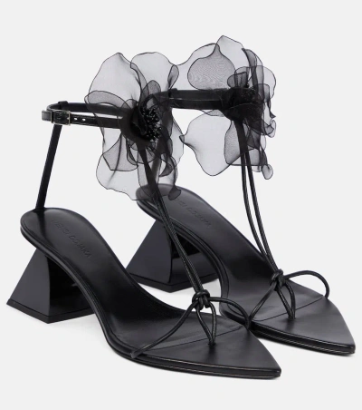 Nensi Dojaka Point Toe Soft Leather T-strap Sandals With Flower Applicati In Black