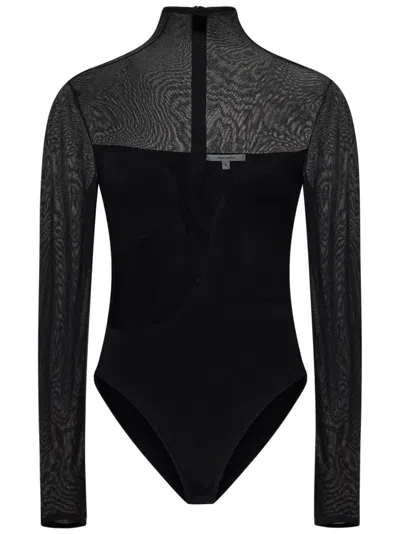 Nensi Dojaka Asymmetric Line Bodysuit With Sheer Sleeves And High Neck In Black