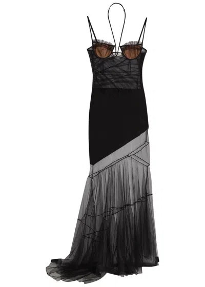 Nensi Dojaka Asymmetric Panelled Mesh Maxi Dress In Black