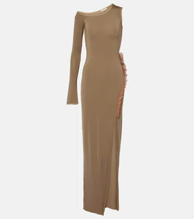 Nensi Dojaka Asymmetric Ruffled Maxi Dress In Green