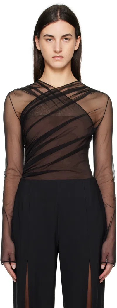 NENSI DOJAKA BLACK & BROWN SEMI-SHEER GATHERED LONG SLEEVE BODYSUIT
