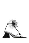 Nensi Dojaka Point Toe Soft Leather T-strap Sandals With Flower Applicati In Black