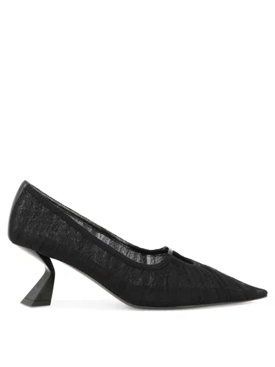 NENSI DOJAKA NENSI DOJAKA BLACK TULLE PUMPS WITH ANGULAR HEEL AND LEATHER ACCENTS