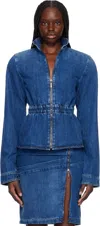 Shop Nensi Dojaka Blue Hayley Peplum Bomber Denim Jacket In Blue Denim