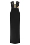 Nensi Dojaka Draped Maxi Dress With Corset And Sheer Panels In Black