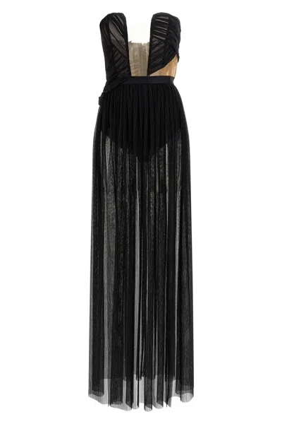 Nensi Dojaka Strapless Gown Sheer Overlay Ruched Mesh In Black