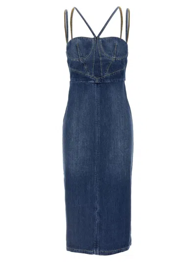 NENSI DOJAKA COTTON DENIM MIDI DRESS WITH BUSTIER