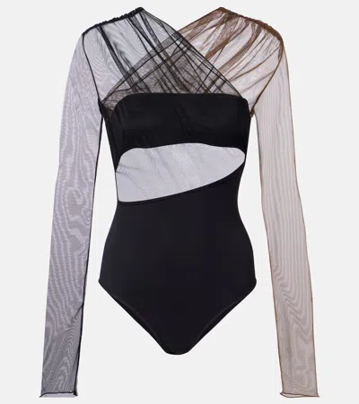 Nensi Dojaka Cutout Ruched Sheer Bodysuit In Black